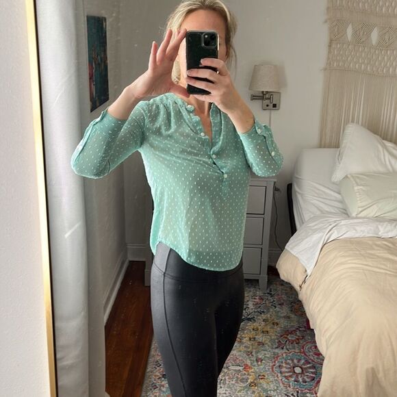 J Crew Dash Dot‎ Green White Sheer Blouse Size XXS - Picture 3 of 8